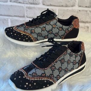 Elegant Black and Gray Women's Sneakers custom hand rhinestone  “Gucci-esque”